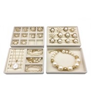 Kiev Model Süet Kumaş Krem Renk 22/14 cm 4 Lü Takım Çekmeçe Içi Takı Standı (A.Krem)