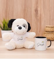 Kişiye Özel Papatya Tasarımlı İsimli Peluş Köpek ve Siyah Kupa