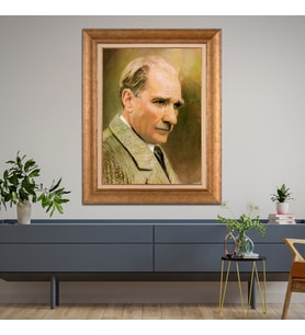 Altın Varaklı Çerçeveli Paspartulu Atatürk Tablo nl02A136 (Gold)
