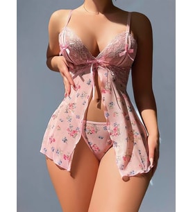 Arias Closet Pembe Dantel İşlemeli Çiçek Desenli Fantezi Gecelik