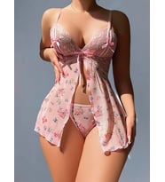 Arias Closet Pembe Dantel İşlemeli Çiçek Desenli Fantezi Gecelik