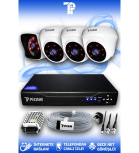 PICAM 4 Kameralı Kare 3 İç Kamera Set HDD'siz Full HD Gece Görüşlü Güvenlik Kamerası Sistemi