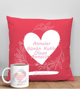 BK Gift Kişiye Özel İsimli Anneler Günü Tasarımlı Kırmızı Kırlent Yastık ve Kupa Seti, Anneye Hediye, Ev Dekorasyonu, Anneler Günü Hediyesi-2