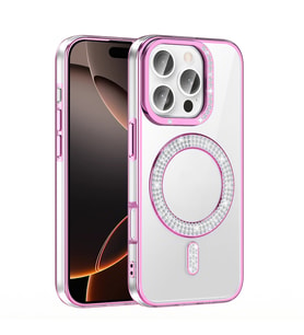 iPhone 16 Pro Kılıf Pırlanta Taş Tasarımlı M-safe Şarj Özellikli Karetta Silikon Kapak (Rose)