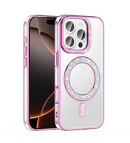 iPhone 16 Pro Kılıf Pırlanta Taş Tasarımlı M-safe Şarj Özellikli Karetta Silikon Kapak (Rose)
