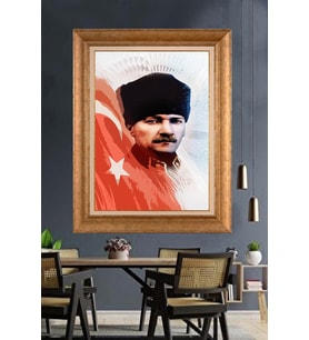 Altın Varaklı Çerçeveli Paspartulu Atatürk Tablo DC1177 (Gold)