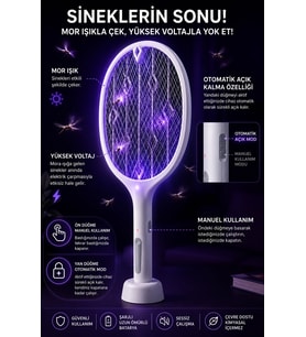 Şarjlı Sinek Öldürücü Sivrisinek Raketi Elektrikli Karasinek Haşere Kovucu Mor Işıklı Sineklik Aleti