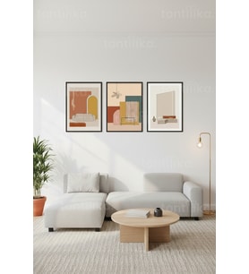 Modern Minimalist Yaşamın Soyut İç Mekanları 3’lü Ahşap Çerçeveli Tablo Seti