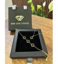 (ÇANTALI KUTU)925 Ayar Gümüş 18ayar Gold Kaplama Siyah Taşlı 2 Li Yonca Set 3 sıra Bil-Kol
