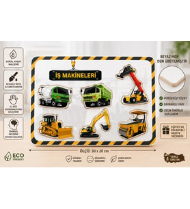 İş Makineleri Ahşap Yapboz Puzzle Oyunu – 30x20 cm Beyaz MDF Eğitici Çocuk Puzzle