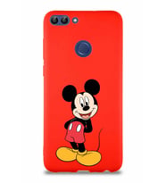 Huawei P Smart Soft Premier Kapak Mickey Mouse-B Tasarımlı Silikon Kılıf - Kırmızı (Şeffaf)