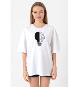 Lightbulb & Brain Beyaz Kadın Oversize Tshirt