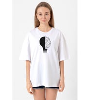 Lightbulb & Brain Beyaz Kadın Oversize Tshirt