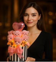 Sevgiliye Özel 6’lı Pembe Peluş Ayıcık Buketi & LED Işıklı Kalpli Balon Hediyeli