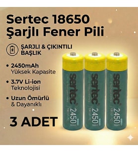 Sertec 18650 1C Şarjlı Pil 2450mAh Çıkıntılı Başlıklı Fener Pili 3.7V Li-ion 3lü