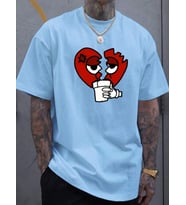 Unisex Kırık Kalp bardak Baskılı Oversize Tshirt (Bebe Mavi)