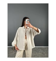 Oversize Keten Görünümlü Gömlek – Ekru
