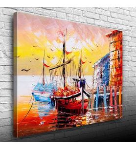 İskeledeki Balıkçı Takaları Yağlıboya Kanvas Tablo 50 x 70