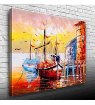 İskeledeki Balıkçı Takaları Yağlıboya Kanvas Tablo 50 x 70