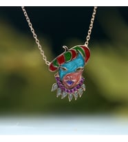 Fuşya Taşlı Renkli Mineli Robin Hood Maske Gümüş Kolye
