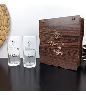 Kişiye Özel Ahşap Hediye Kutusu İçinde İkili Rakı Bardağı Seti