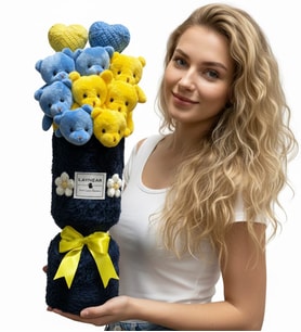 Sarı Lacivert Sevimli Peluş Ayıcıklar Mini Kalp Balon Peluş Vazo Tasarımlı Buket Taraftar Fenerbahçe