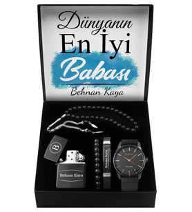 Babalar Gününe Özel Tasarım Kutu & Saat & Kişiye Özel Deri Bileklik & Bileklik & Kişiye Özel Çakmak & Tesbih Seti