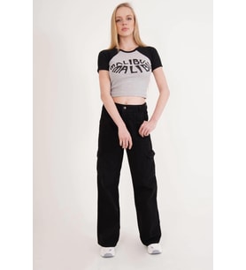 23254271 Kaşkorse Malibu Baskılı Kısa Kol Crop Bluz SIYAH (Siyah)