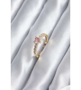 Gold Renk Zirkon Taşlı Pembe Kristal Kalp Model Kadın Yüzük TJ-BYK2852