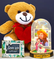 Sizlere Özel Premium Hediye Seti  Led Işıklı Fanus ve Kalpli Peluş Ayıcık (Model 9)