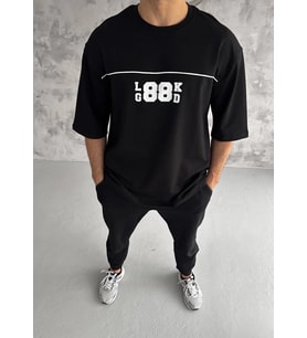 Erkek Kısa Kol Yazlık Tişört Bisiklet Yaka Baskılı Oversize T-Shirt - Siyah