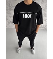 Erkek Kısa Kol Yazlık Tişört Bisiklet Yaka Baskılı Oversize T-Shirt - Siyah