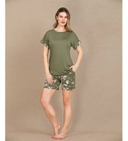 Amora Secret Şık Tasarım Çiçek Desenli Yeşil Şortlu Kısa Kol Viskon Pijama Takımı