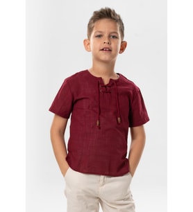 Kısa Kol Şile Bezi Zımbalı Yazlık Erkek Çocuk Tshirt Koyu Bordo 3068