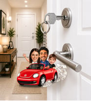 Kişiye Özel Aile Karikatürlü Anahtarlık – Fotoğraftan Arabalı Aile Mini Karakter Tasarımı