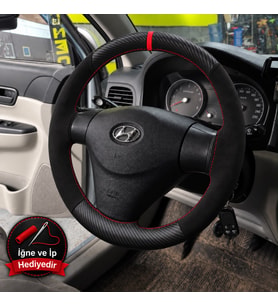 Hyundai Matrix Dikme Direksiyon Kılıfı Alcantara Süet Mat Karbon Kırmızı Yüzük ve Dikiş 2008-2010