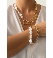 Barok Inci Zincir Gold Kolye Bileklik Set