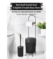 Metal Standlı Yuvarlak Kovalı & Kağıtlıklı & Fırçalıklı Siyah Banyo Takımı