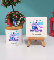 Developer Tasarımlı Kişiye Özel Hediye Developer Kalemlik ve Dekoratif Taş Baskı Hediye Seti