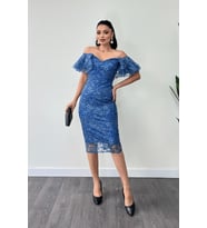 İşleme Dantel Kumaş Kayık Yaka Kalem Elbise - İNDİGO MAVİ