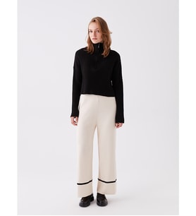 LCWAIKIKI Classic Ekru Beli Lastikli Düz Geniş Paça Kadın Triko Pantolon