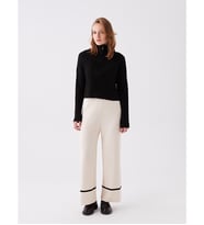 LCWAIKIKI Classic Ekru Beli Lastikli Düz Geniş Paça Kadın Triko Pantolon
