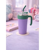 1000 Ml Kulplu Pipetli Çelik Termos Mug Vakumlu Isı Yalıtımlı Büyük Boy Sızdırmaz Bardak (Y. Mor)