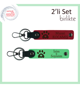 Köpek Sahibi Eşe Uygun Hediyelik, Kalpli Pati Motifli Kişisel Anahtarlık Takım, Kırmızı-Fıstık Yeşil