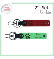 Köpek Sahibi Eşe Uygun Hediyelik, Kalpli Pati Motifli Kişisel Anahtarlık Takım, Kırmızı-Fıstık Yeşil