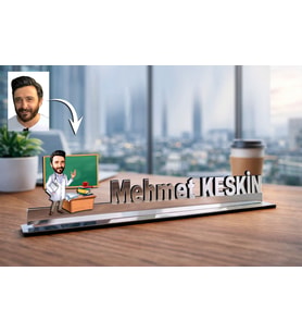 Kişiye Özel Öğretmen Karikatürlü 30 cm Ayna Pleksi Masaüstü İsimlik - Öğretmen Hediyesi Öğretmene Özel Hediye