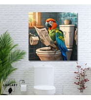 Tekli Kare Kanvas Banyo Tablosu Gazete Okuyan Renkli Papağan