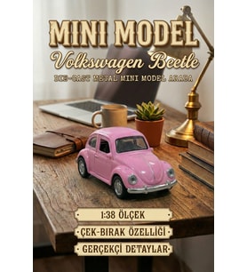 Volkswagen Beetle Vosvos Mini Model Araba 1:38 Ölçek Die-Cast Metal Çek-Bırak Oyuncak 9.5 cm - Pembe