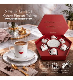 RUBY 6 Kişilik Porselen Türk Kahvesi Fincanı Takımı – Hediyelik, Şık Tasarım (Krem)