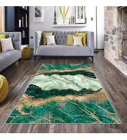 Yeşil Mermer Desenli Yıkanabilir Kaymaz Taban Leke Tutmaz Modern Salon Halısı ve Yolluk (Yeşil-Gold)